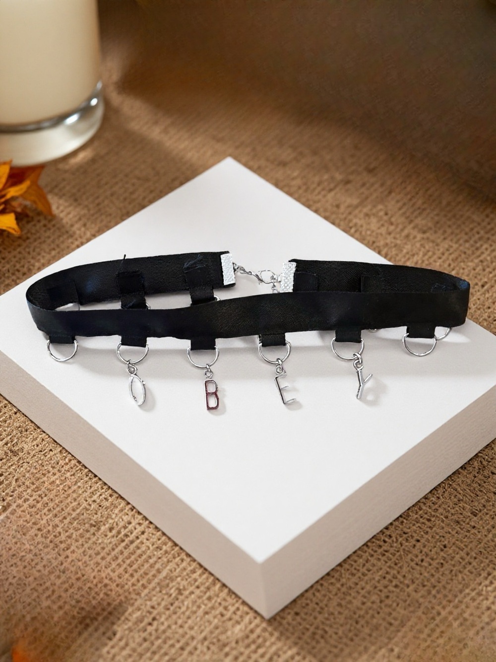 Black Satin Ribbon Choker with Silver Letter Pendants “OBEY”